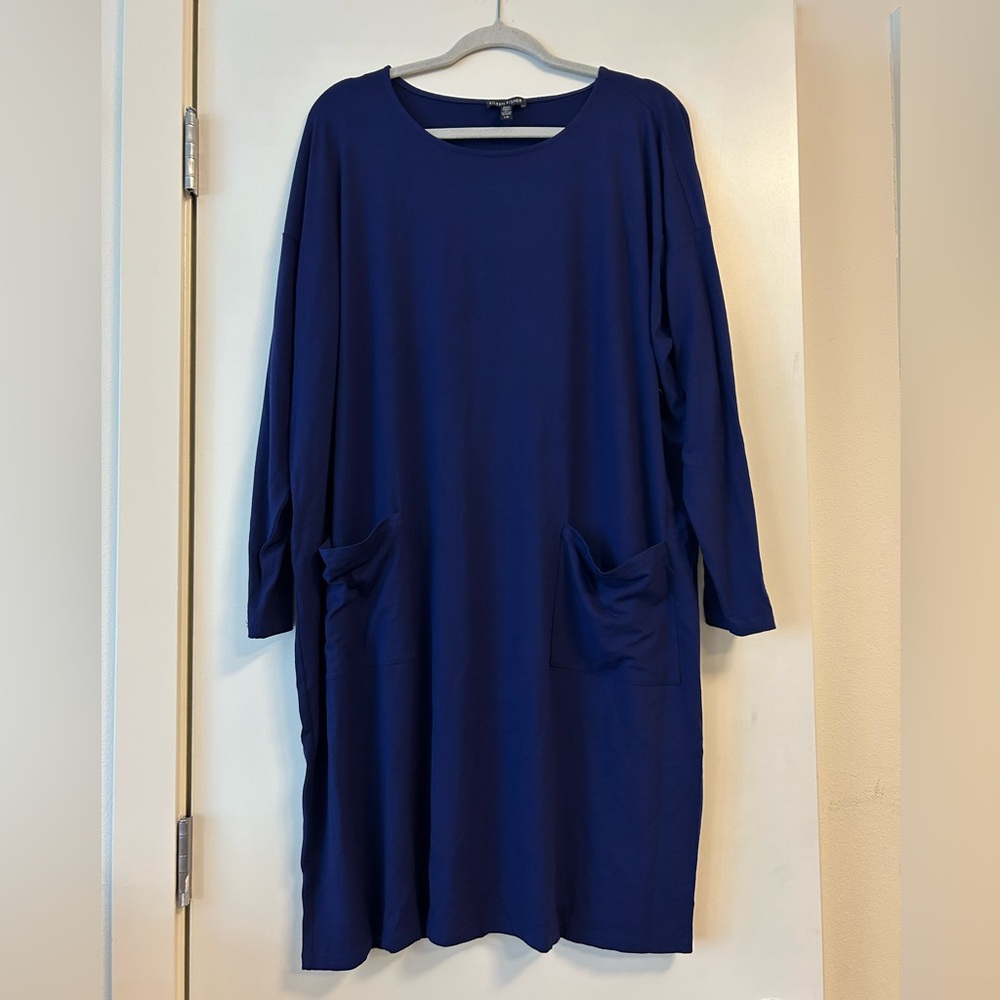 Eileen Fisher Tunic Dress Large Lagenlook Stretch Comfort Knit Jersey Pockets - Picture 1 of 4